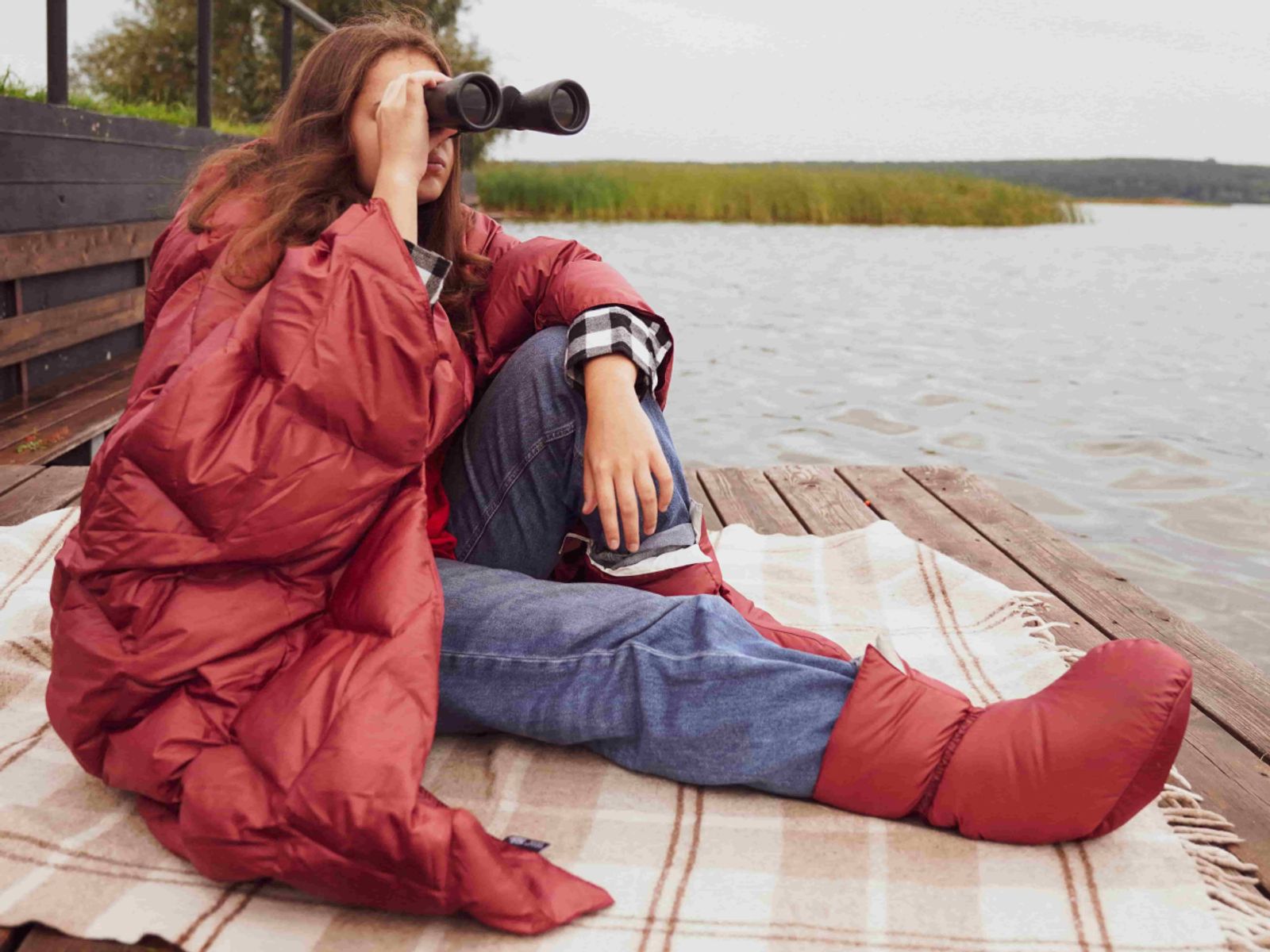 ​​​​​​​ Дорожный плед-пончо пуховый Travel Cape Plaid Grass MARSALA 130x170 вид 2