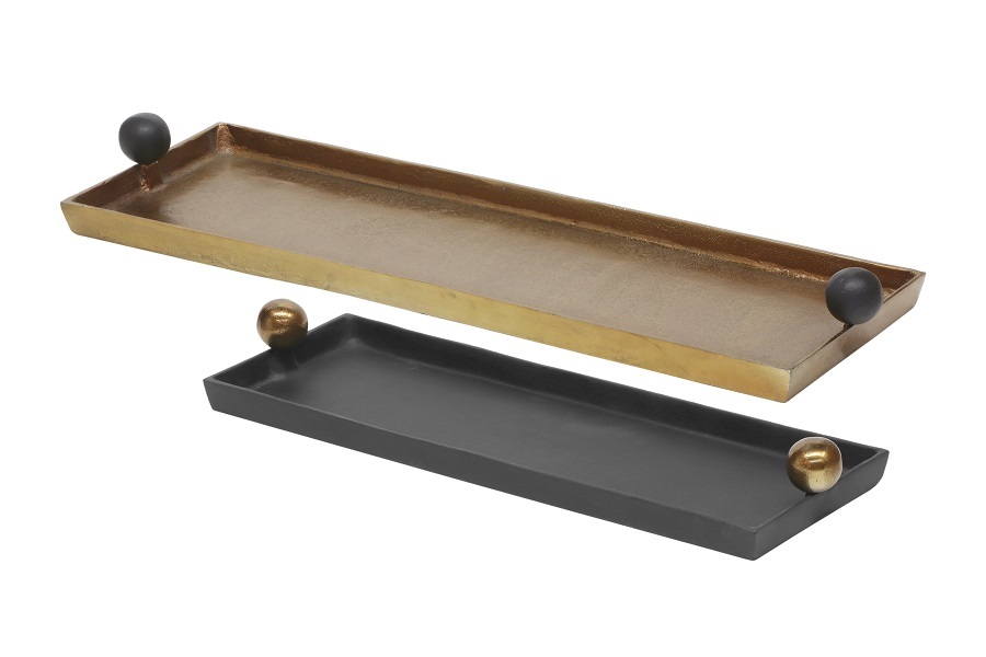 TRAYПоднос прямоугольный , черный с золотыми ручками-шарами, 64x21x8h, металл