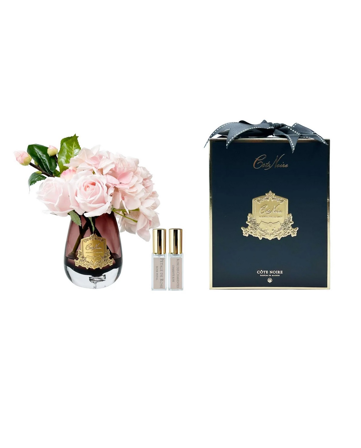 TEA ROSE Hydrangea pinkБукет роза с гортензией, цвет розовый, черная ваза, золотой декор, 2 спрея