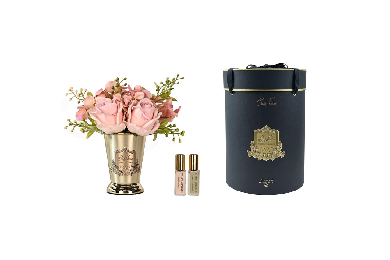 Summer Posy PinkДиффузор букет розы с гортензиями, розовый, золотая ваза, металл, спрей 10 мл*2шт