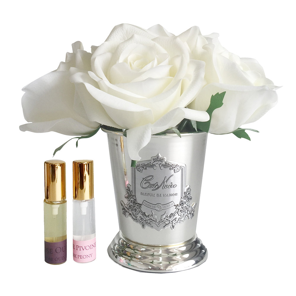 SEVEN ROSE Ivory Букет роз цвет слоновая кость, ваза металл, 2 спрея ВхШхД 21х17х17 см