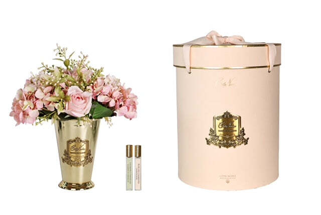 GRAND SUMMER POSY Pink Gold Букет гортензии и розы, розовый, золотая ваза, 2 спрея по 10 мл