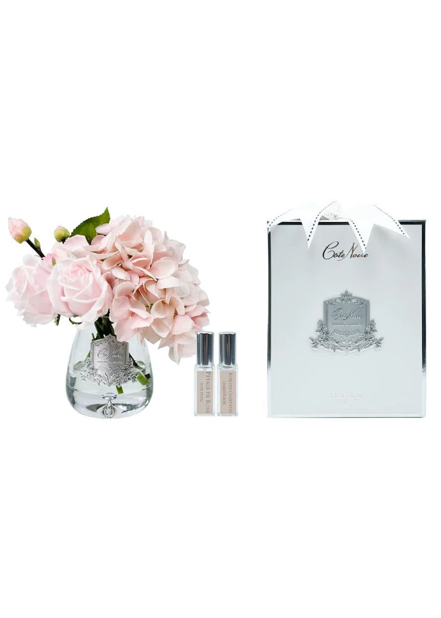 Букет роза с гортензией TEA ROSE Hydrangea pink, цвет розовый, прозрачная ваза, серебро, 2 спрея 5
