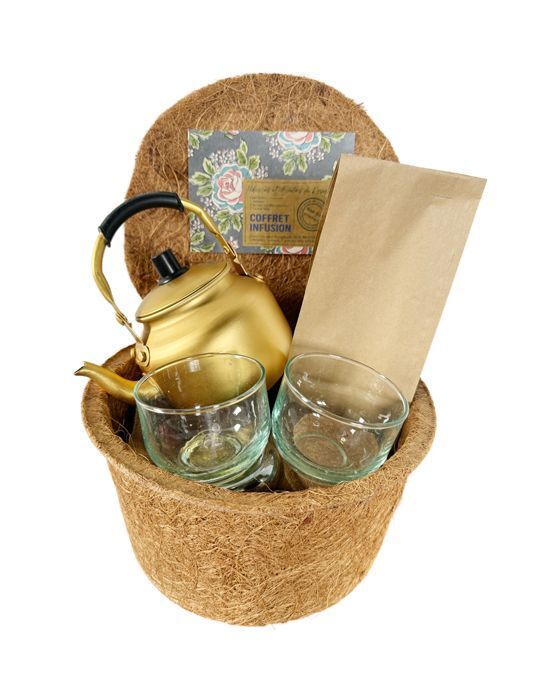 COFFRET INFUSION Набор для травяного чая 1 чайник металл, 2 стакана стекло, травяной сбор 30 гр, гиб