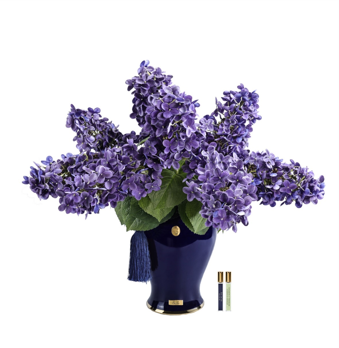 Букет гортензий Cote Noire Indigo hydrangeas Amethyst/Indigo, фиолетовый, ваза синяя, 2 спрея по 10