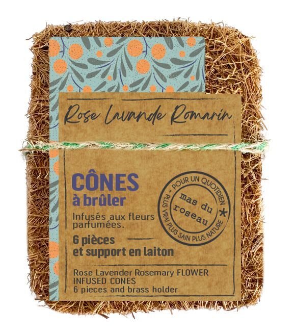 CONES D'INCENSE Конусы ароматические для зажигания набор 6 шт, лаванда, роза, розмарин, латунная под