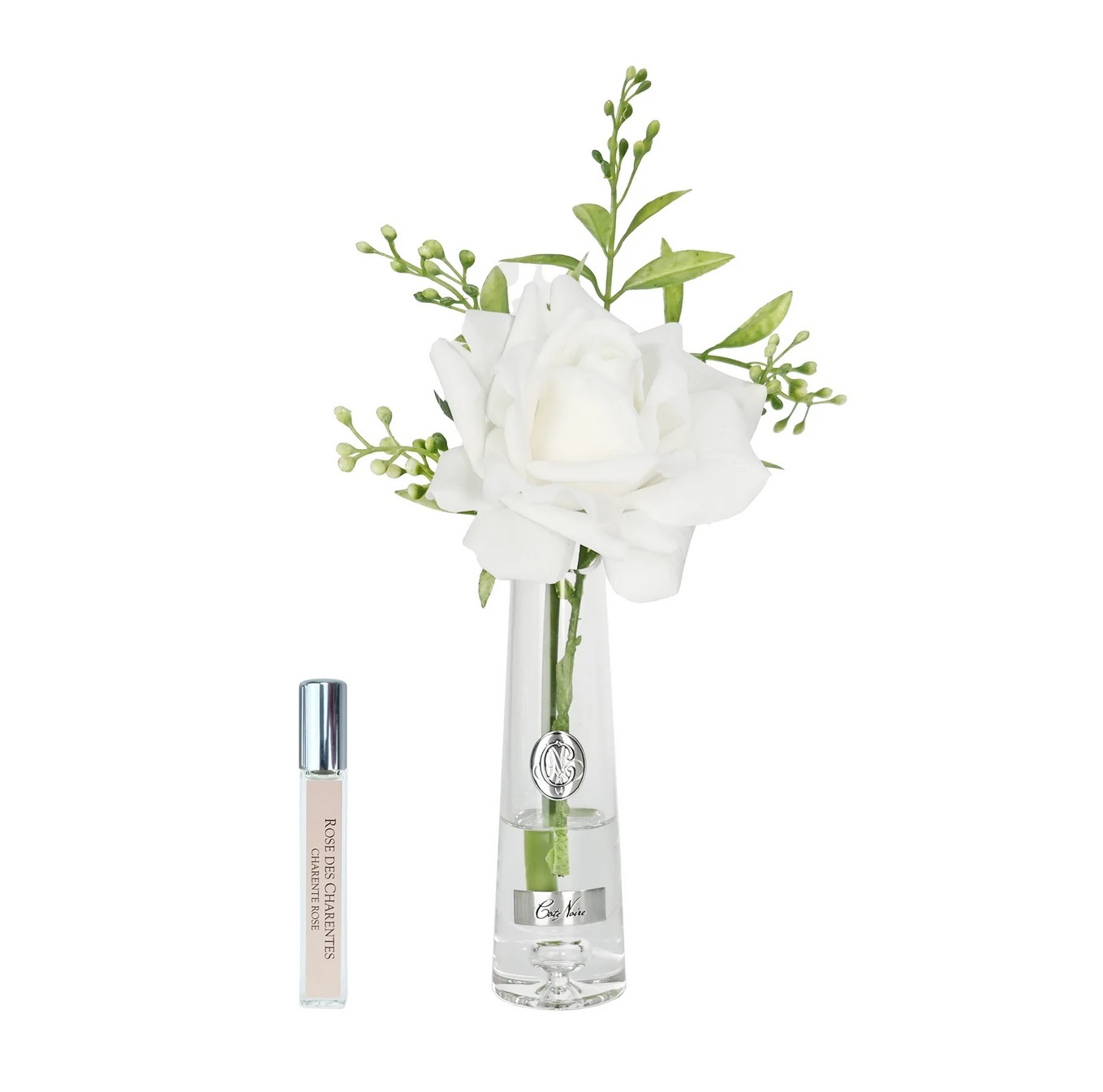 Summer rose White SilverРоза, белый 1 спрей 15 мл, прозрачная ваза, серебряный декор