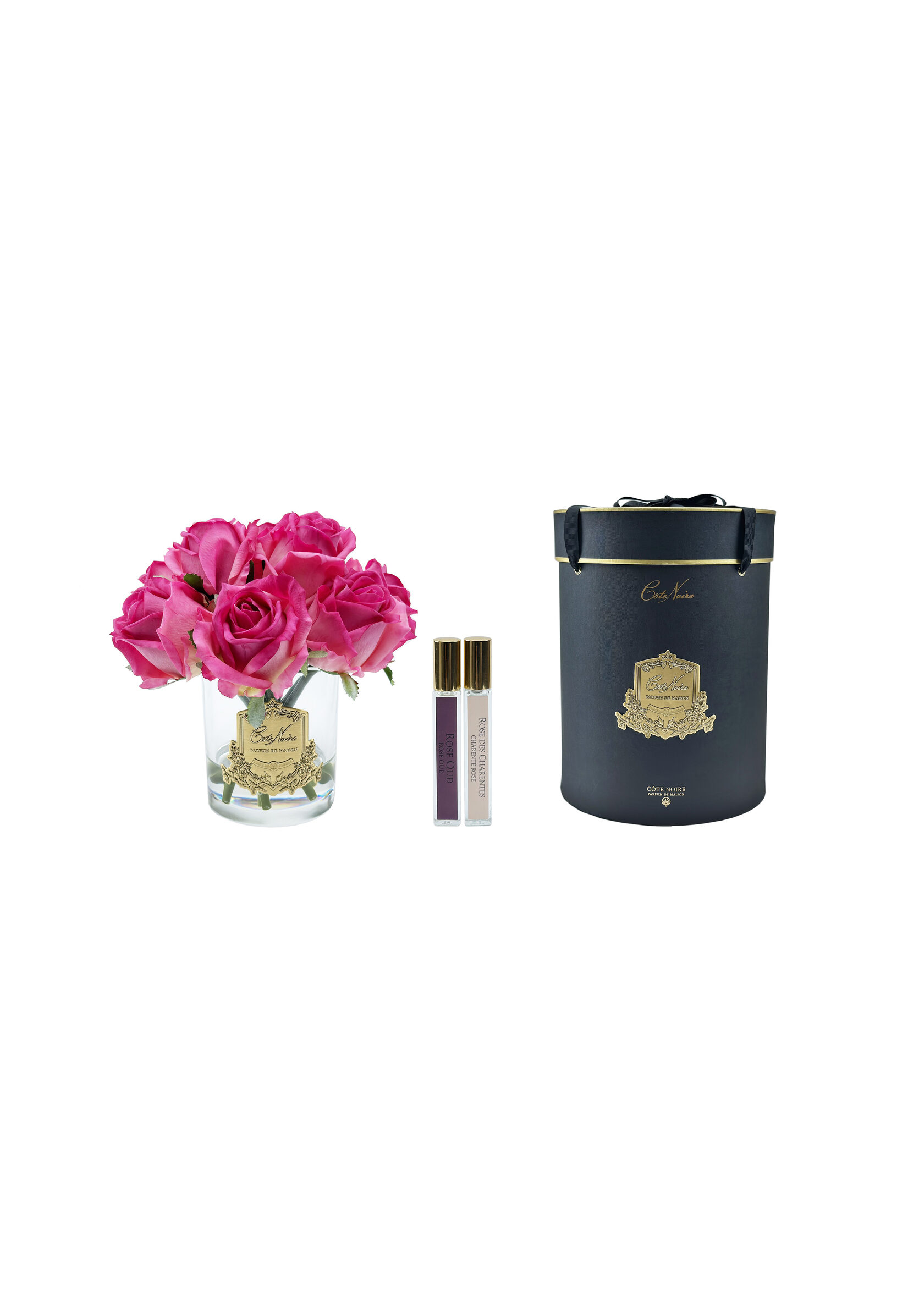 ROSE BUDS magenta clear goldБукет из бутонов роз, цвет ярко-розовый, прозрачная ваза, золотой декор