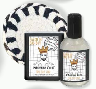 BAD BOY Набор для мужчин мыло 100гр, парфюмированный спрей для тела CHIC 100 мл, подставка для мыла