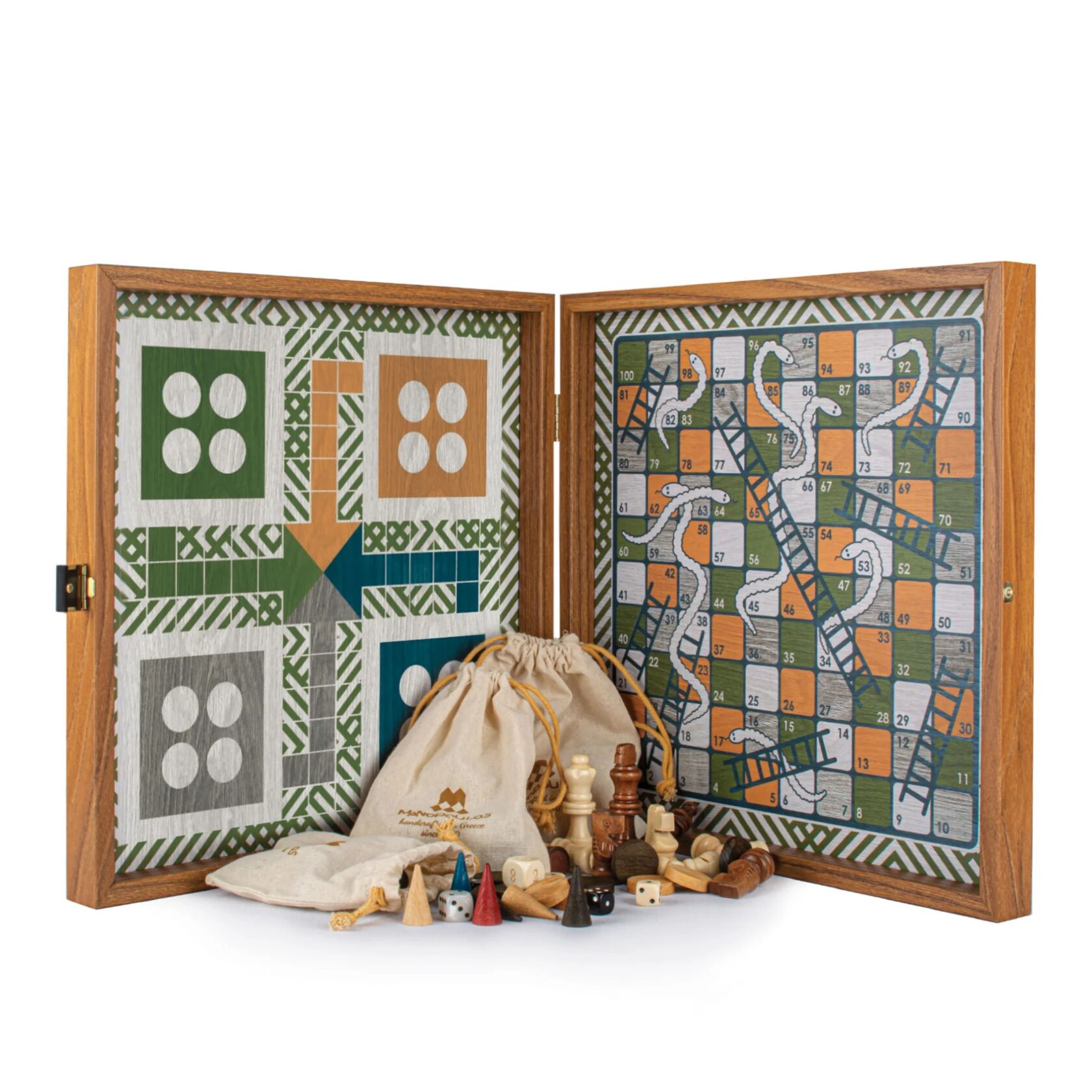 Chess/Backgammon/Ludo/Snakes Шахматы/нарды/лудо/змеи , цвет зеленый с синим, футляр дерево орех, вид 2