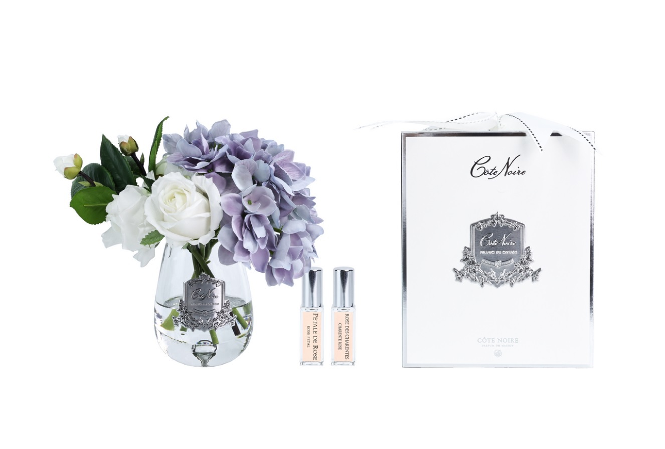 Букет розы с гортензиями Cote Noire Tea rose & hydrangea Blue, голубой, белый, прозрачная ваза, сер
