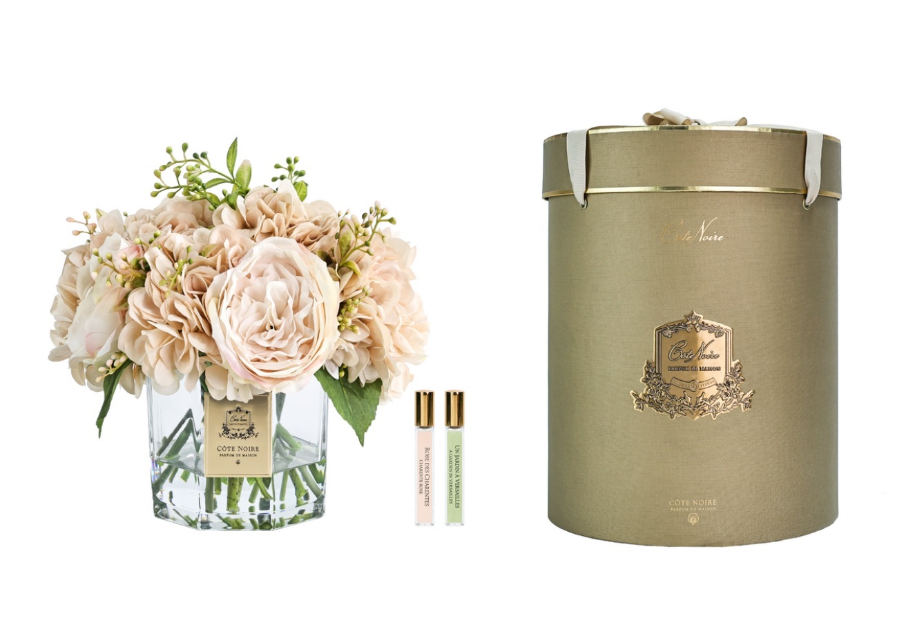 Букет гортензии с розами Cote Noire Classic bouquet Champagne, шампань, 2 спрея по 10 мл, 30 x 30 x