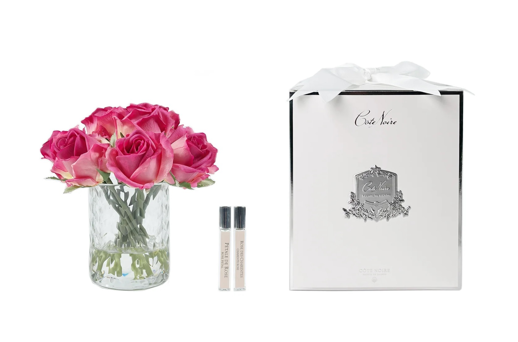 HERRINGBONE CLEAR MAGENTA rose budsБукет розы, цвет ярко-розовый, ваза стекло рельеф "ёлочка", 2 с