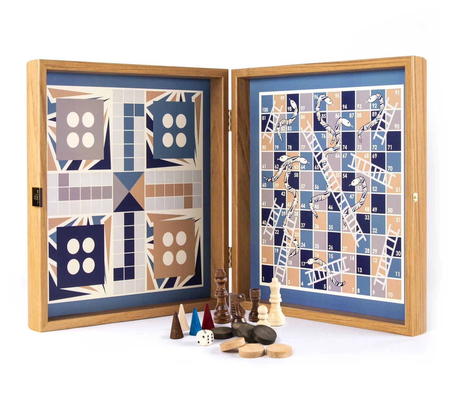 Chess/Backgammon/Ludo/Snakes Шахматы/нарды/лудо/змеи , цвет синий - футляр из орехового дерева