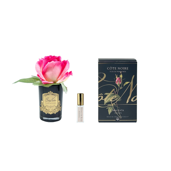 Бутон розы диффузор ROSE BUD Magenta, цвет ярко-розовый, черная ваза, 1 спрей 5 мл ВхШ
