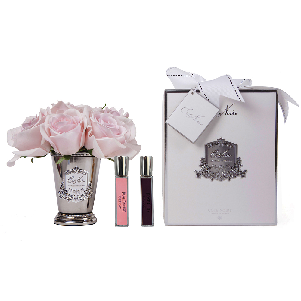 SEVEN ROSE French pink Букет роз цвет розовый , ваза металл, 2 спрея ВхШхД 21х17х17 см