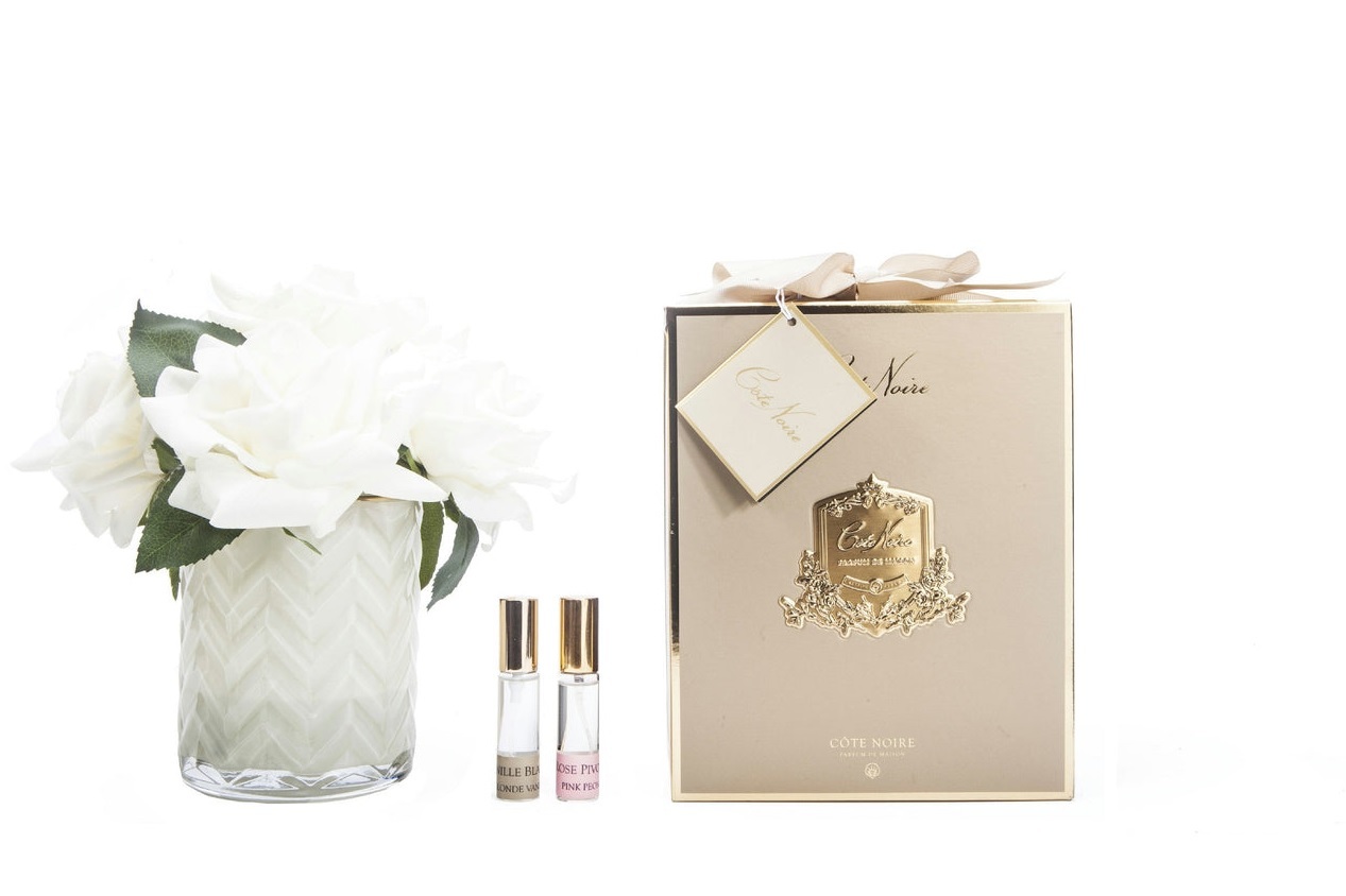 HERRINGBONE CREAM champagne Букет роз, шампань, ваза стекло рельеф "ёлочка", 2 спрея,