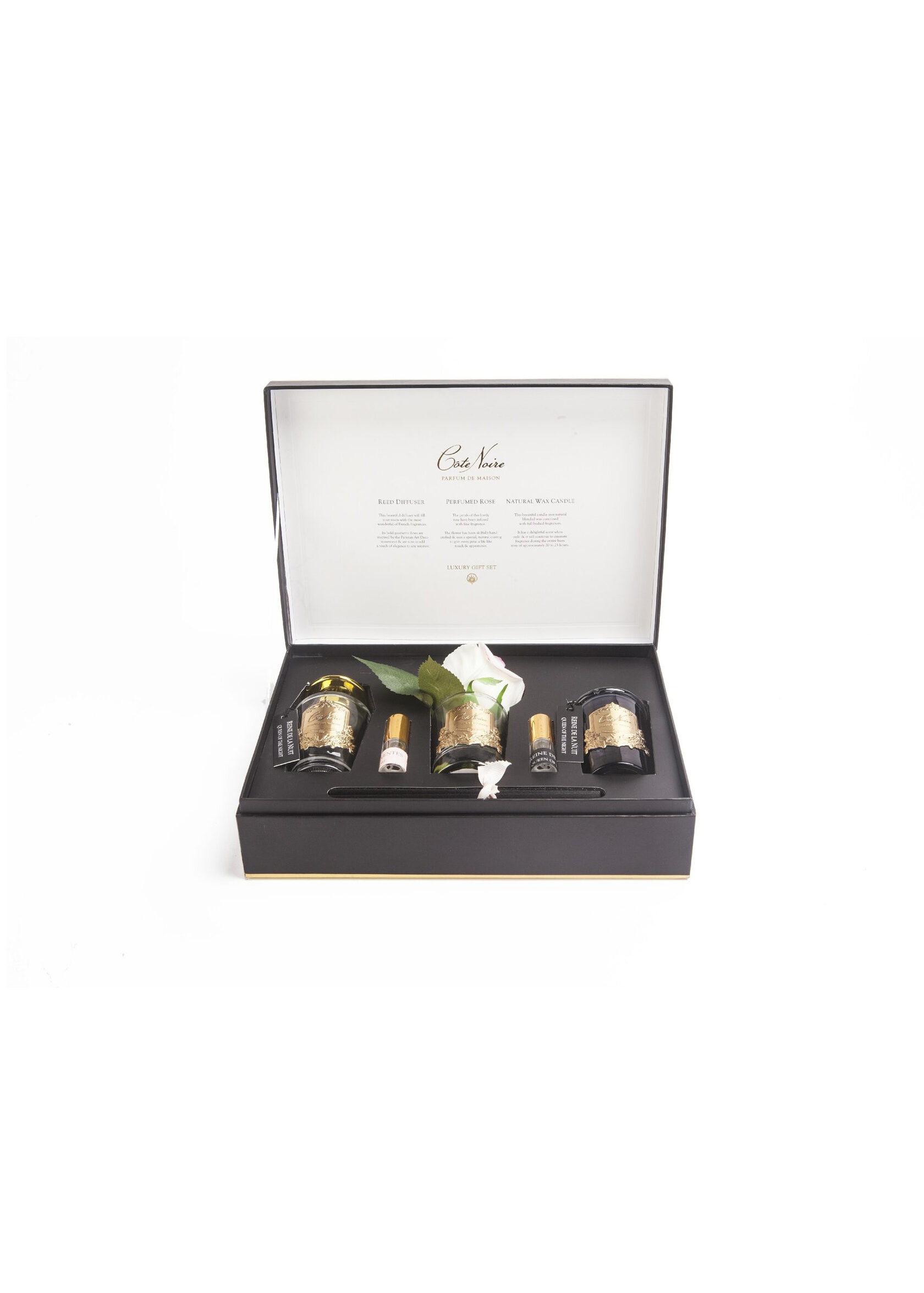 GIFT PACK QUEEN OF THE NIGHT Подарочный набор(диффузор 100мл, бутон розы, 2 спрея по 10 мл, свеча 75