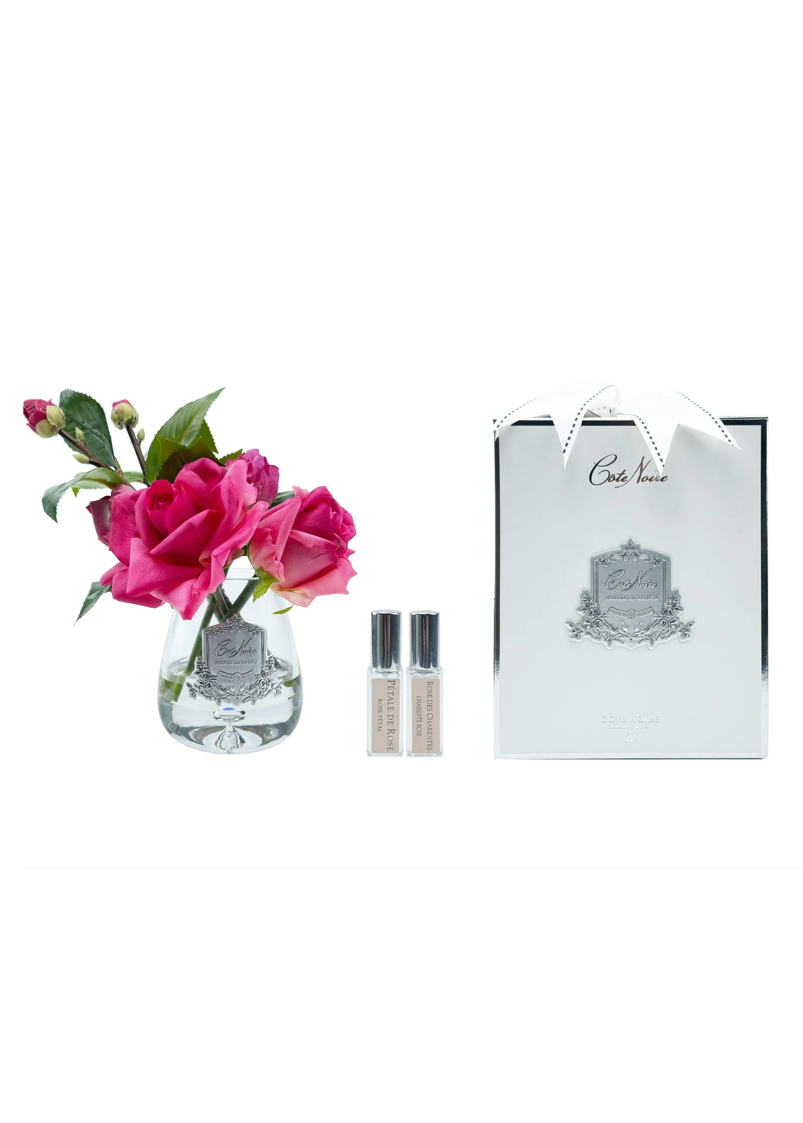 Букет TEA ROSE magenta clear, цвет ярко-розовый, прозрачная ваза, 2 спрея 5 мл ВхШхД 21х17х17 см