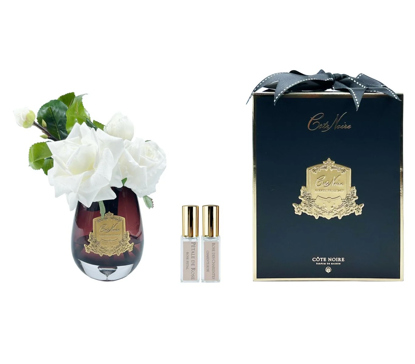 TEA ROSE ivory blackРоза, цвет слоновая кость, черная ваза, 2 спрея 5 мл ВхШхД 21х17х17 см