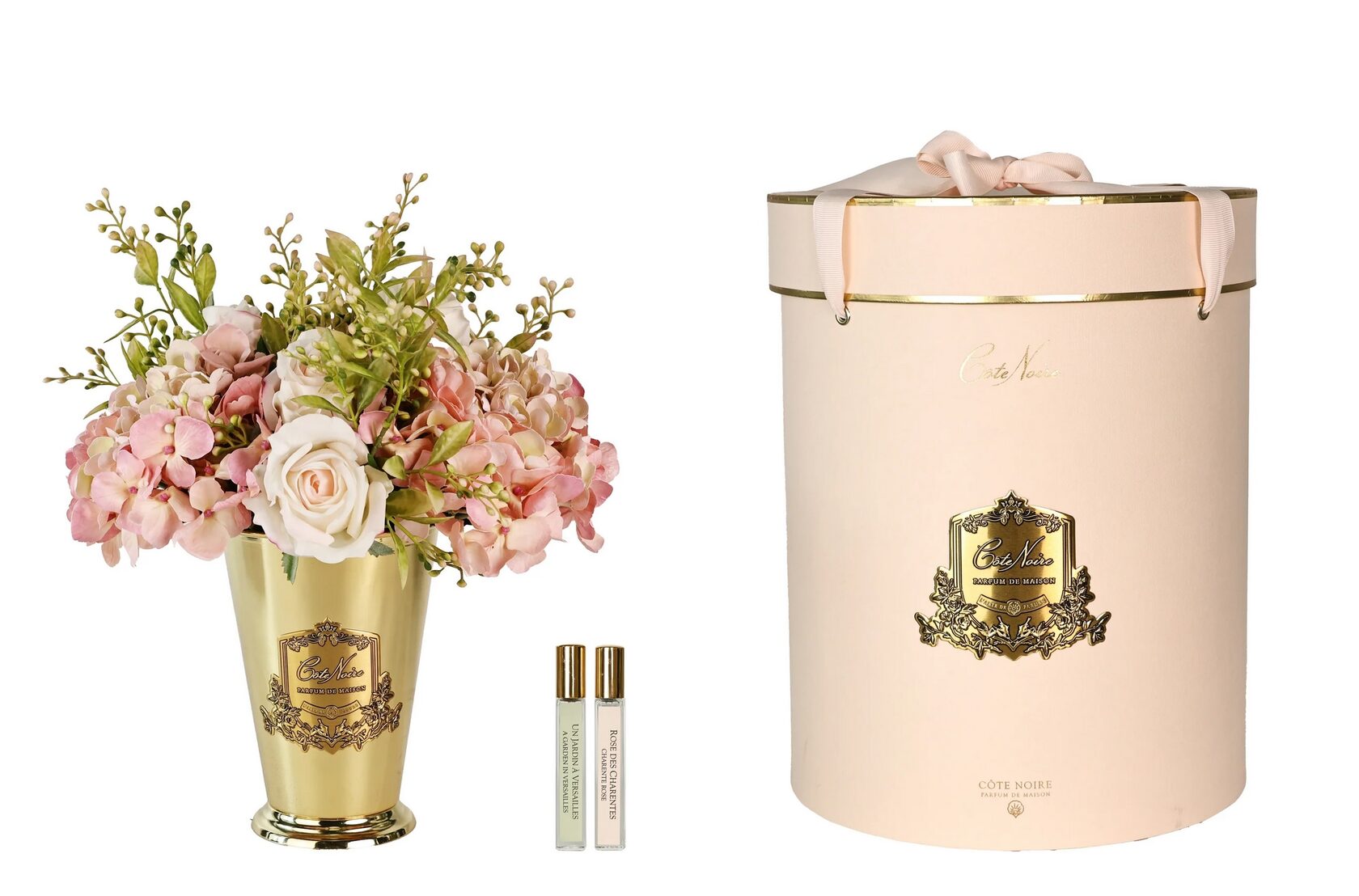GRAND SUMMER POSY Pink Gold Букет гортензии и розы, розовый, золотая ваза, 2 спрея по 10 мл