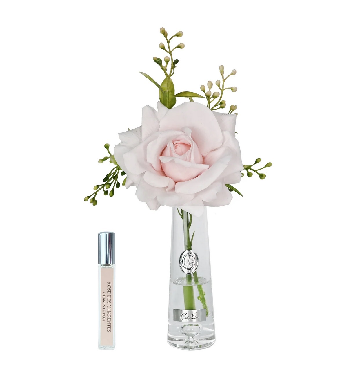 Summer rose French Pink Silver Роза, розовый, 1 спрей 15 мл, прозрачная ваза, серебряный декор
