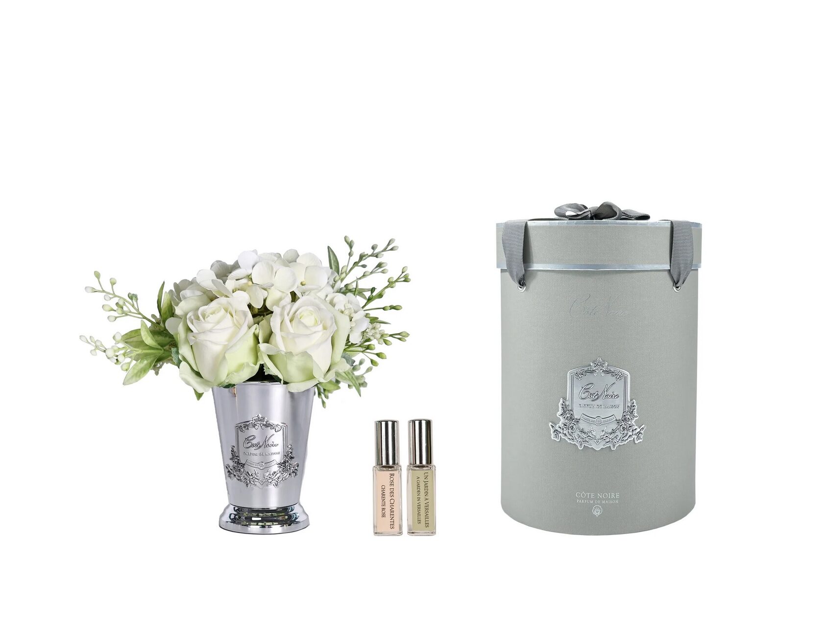 Summer Posy White Букет розы и гортензии, белый, ваза металл, серебро, 2 спрея по 10 мл