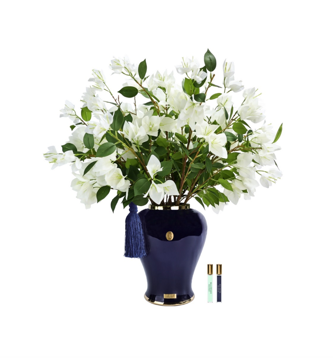 Букет буганвилла Cote Noire Imperial bougainvillea Ivory white/Indigo, белый, ваза синяя, 2 спрея п