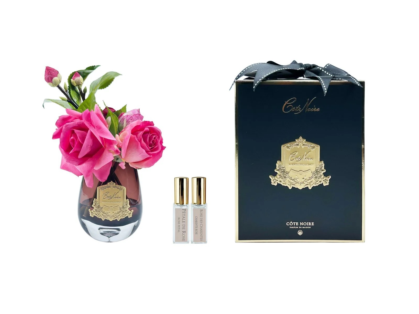 TEA ROSE MAGENTAБукет роза с гортензией, цвет ярко-розовый, черная ваза, золотой декор, 2 спрея 5