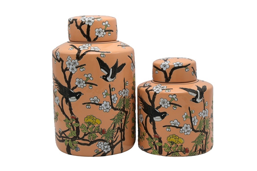 BIRDSВаза с крышкой низкая, коралловый, D18x22h, керамика